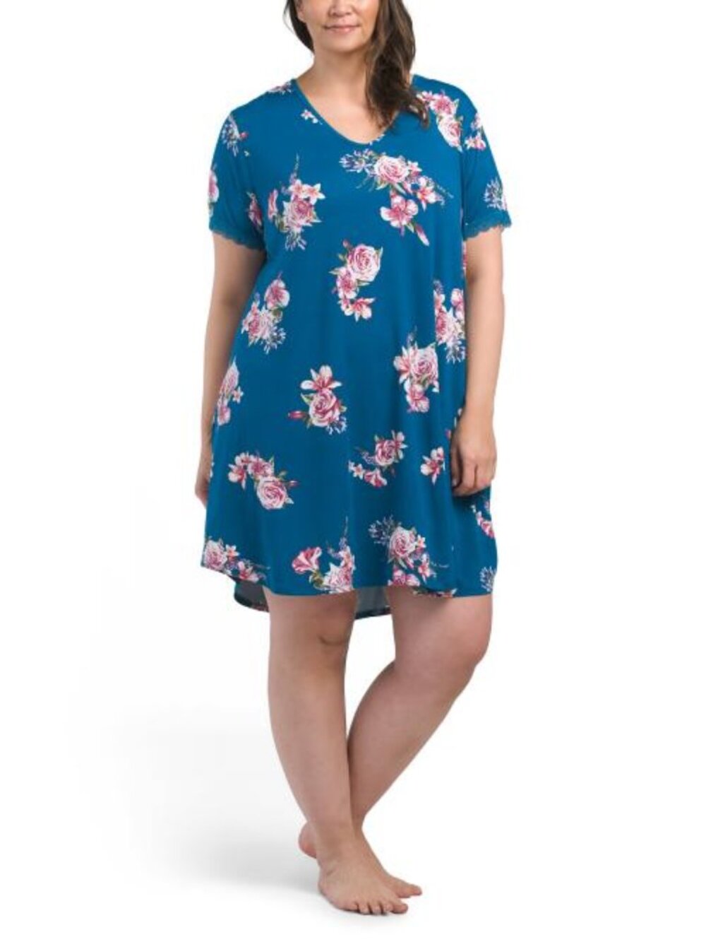 FLORA BY FLORA NIKROOZ Plus Floral V-neck Sleep Shirt With Lace Trim